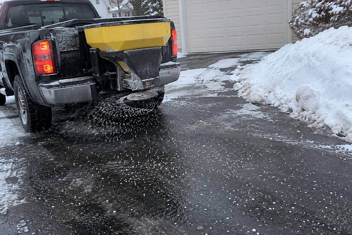 A tailgate spreader on the back of a pickup throwing granular ice melt across a wet driveway, pellets scattered across the dark pavement